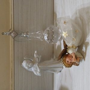 Lot of 3 Porcelain Angel Figurine, Silver Crystal Ornament & Flying Angel Figure